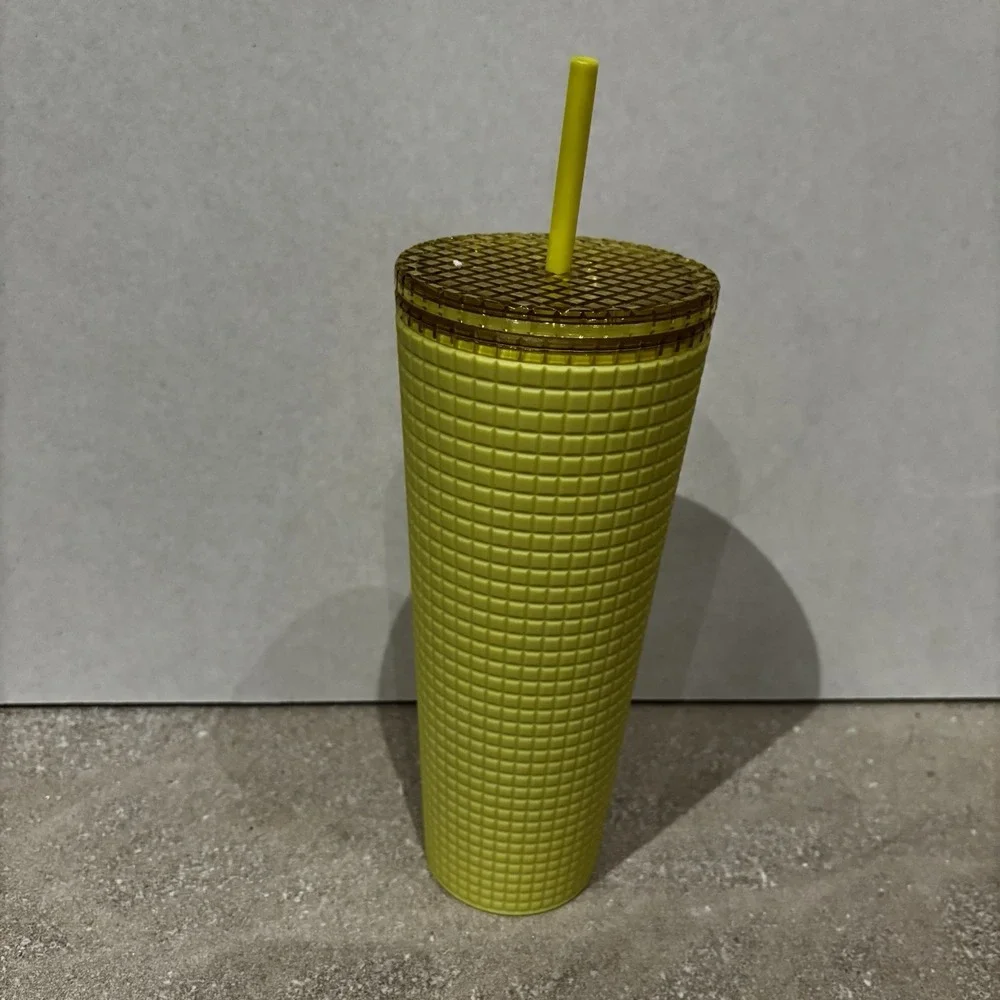 NEW Starbucks 24 oz Meadow Yellow Soft Touch Grid Tumbler Cold Cup‎ Coffee - Picture 2 of 4